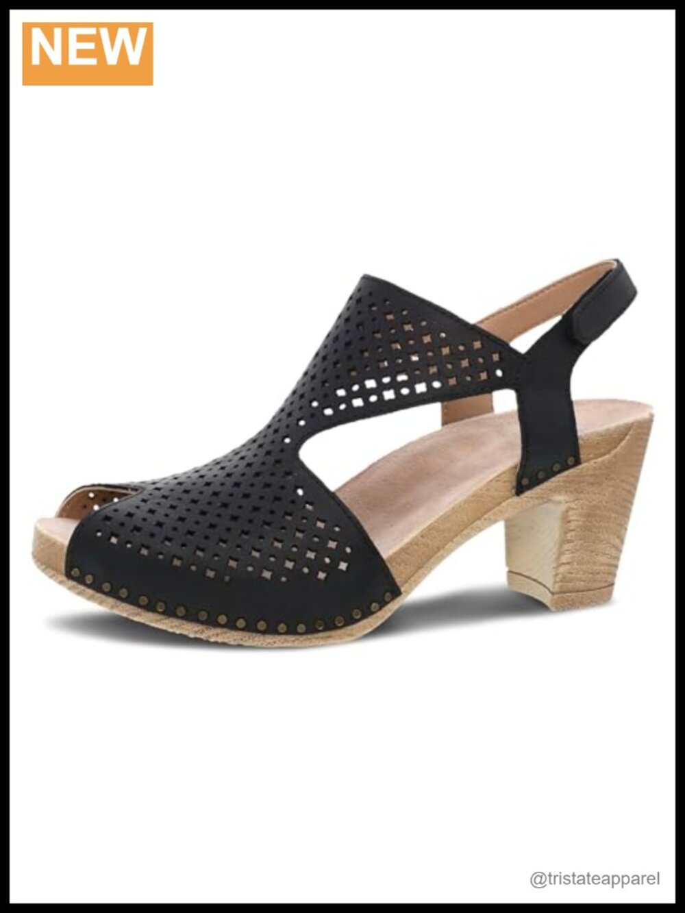 Dansko Teagan Peep Toe Heeled Sandal Leather Laser Cut Hook & Loop